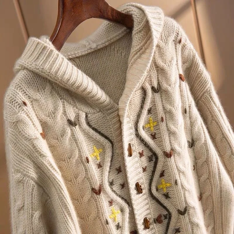 

Вязаный свитер в китайском стиле с цветочной вышивкой, женский осенне-зимний новый мягкий однобортный женский кашемировый кардиган, куртка