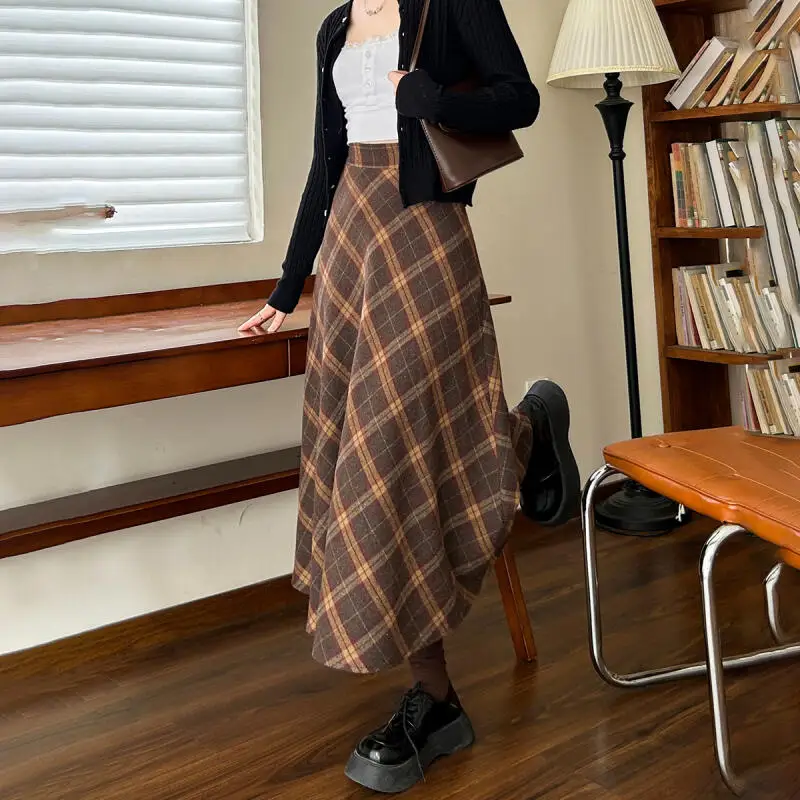 婦人服 ロングスカート ミディスカート 英国風 レトロ チェック柄 ハイウエスト 新しい Aラインスカート ファッション 快適