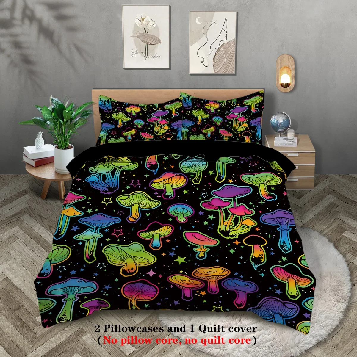 3-piece down duvet cover with gradient mushroom print (1 down duvet cover+2 pillowcases, no core) Halloween themed bedding set