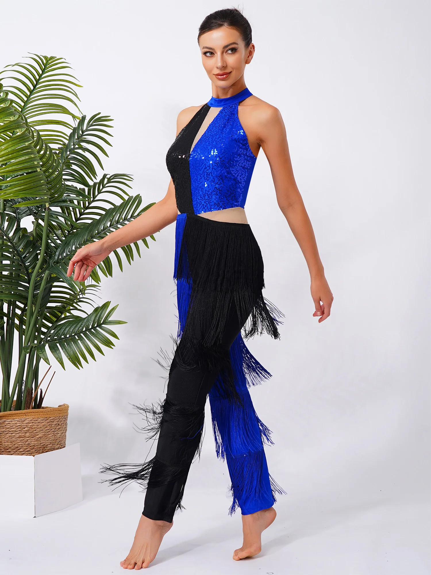 Mulheres latina 70s disco peito brilhante lantejoulas borla franja calças compridas contraste cor uma peça macacão bodysuit dancewear