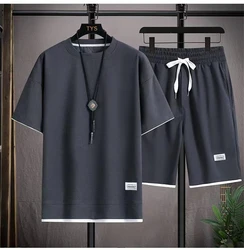 Men's Waffle Suit Casual T-shirt + Shorts Suit 2-piece summer men's Sportswear Suit 2-piece men's T-shirt suit