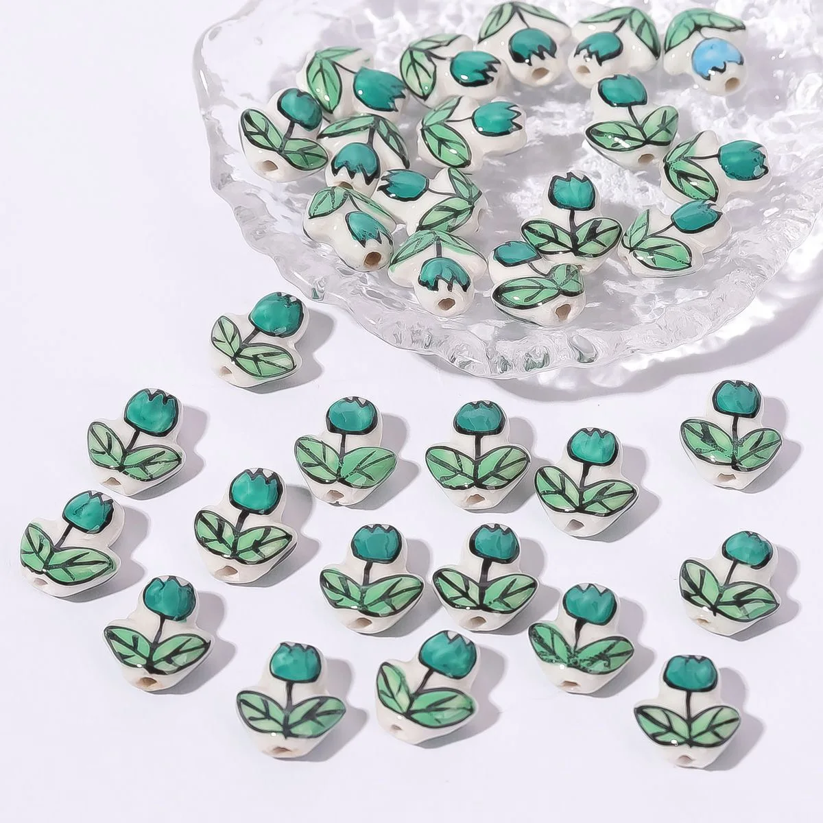 Green Light Colored Ceramic Beads Tulip Butterfly Blocks for DIY Necklace Bracelet Accessories