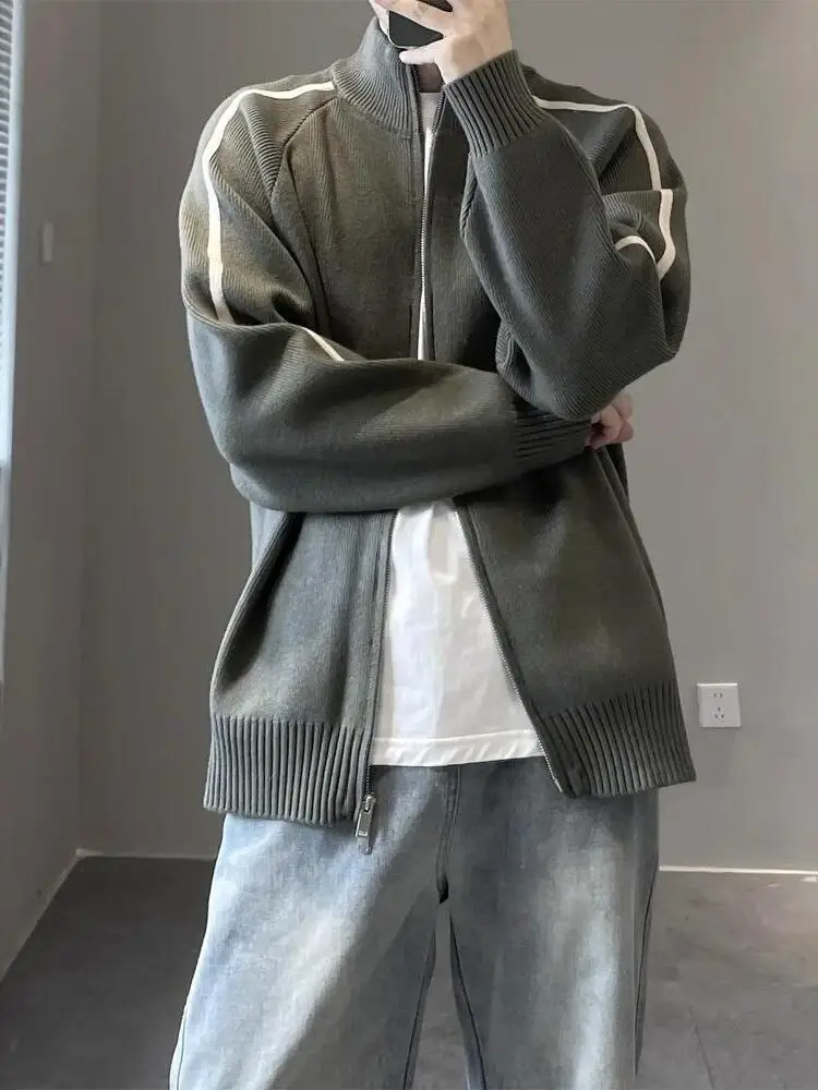 

American Sle Casual Men's Knitted Sweater Coat Stand Collar Open Cardigan Spring Autumn New Loose Versatile Warm Polyester ...