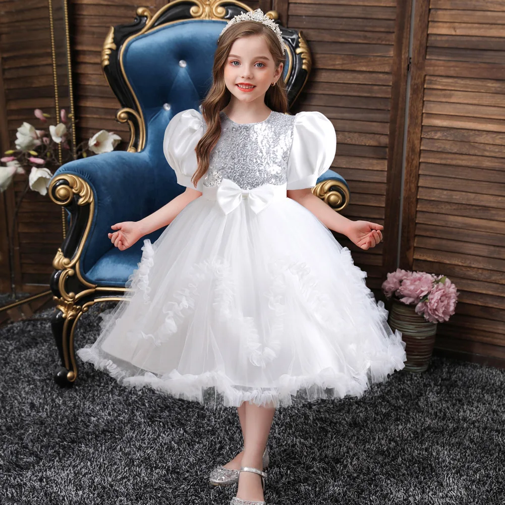 

Flower Girls Puff Sleeves Sequins Ruffles Princess Dress For Children Wedding Bridesmaid Performance Birthday Party Pageant Gown