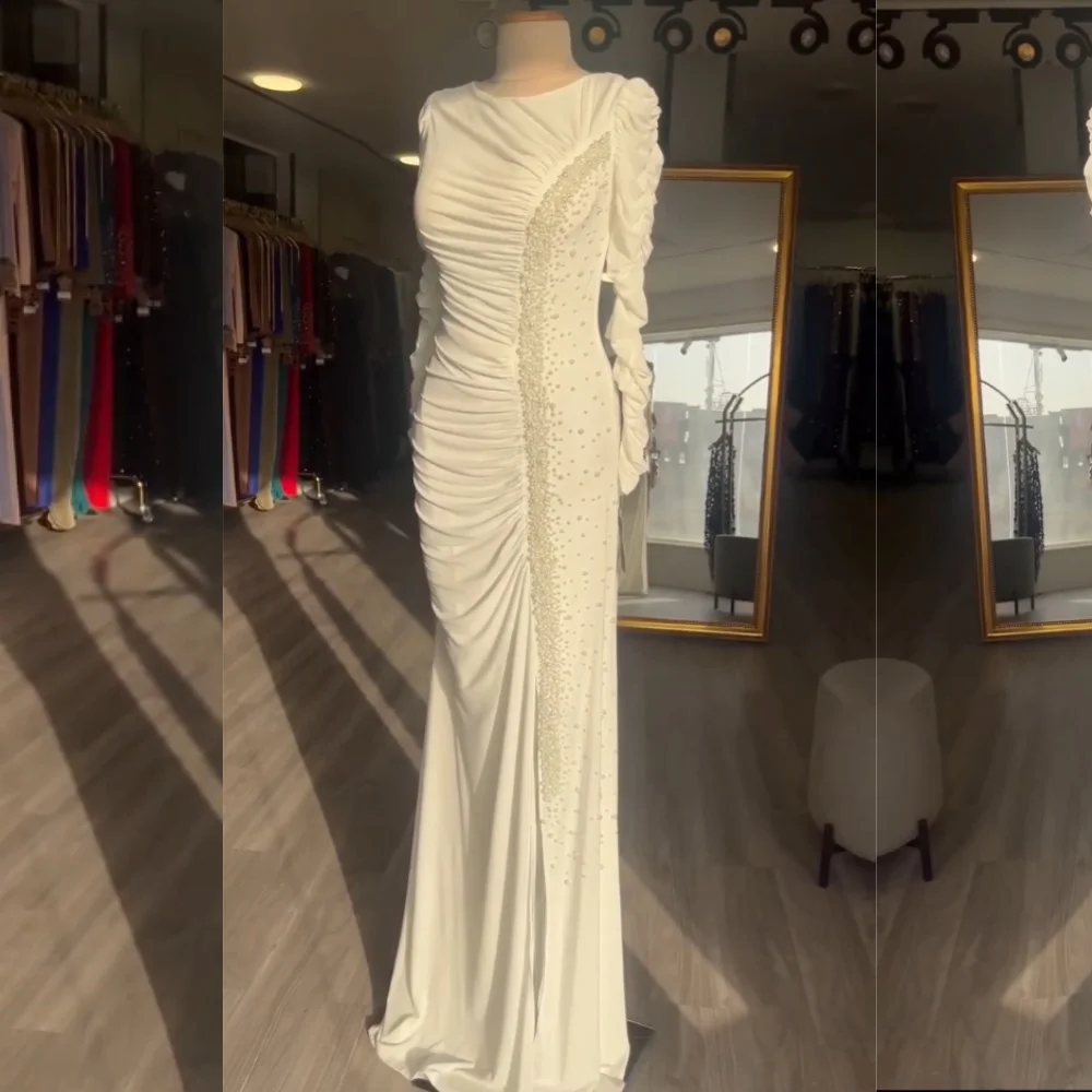 Robe longue de soirée élégante pour femmes, personnalisée, avec plis de perles, col rond, sur mesure, pour occasions, paillettes de haute qualité