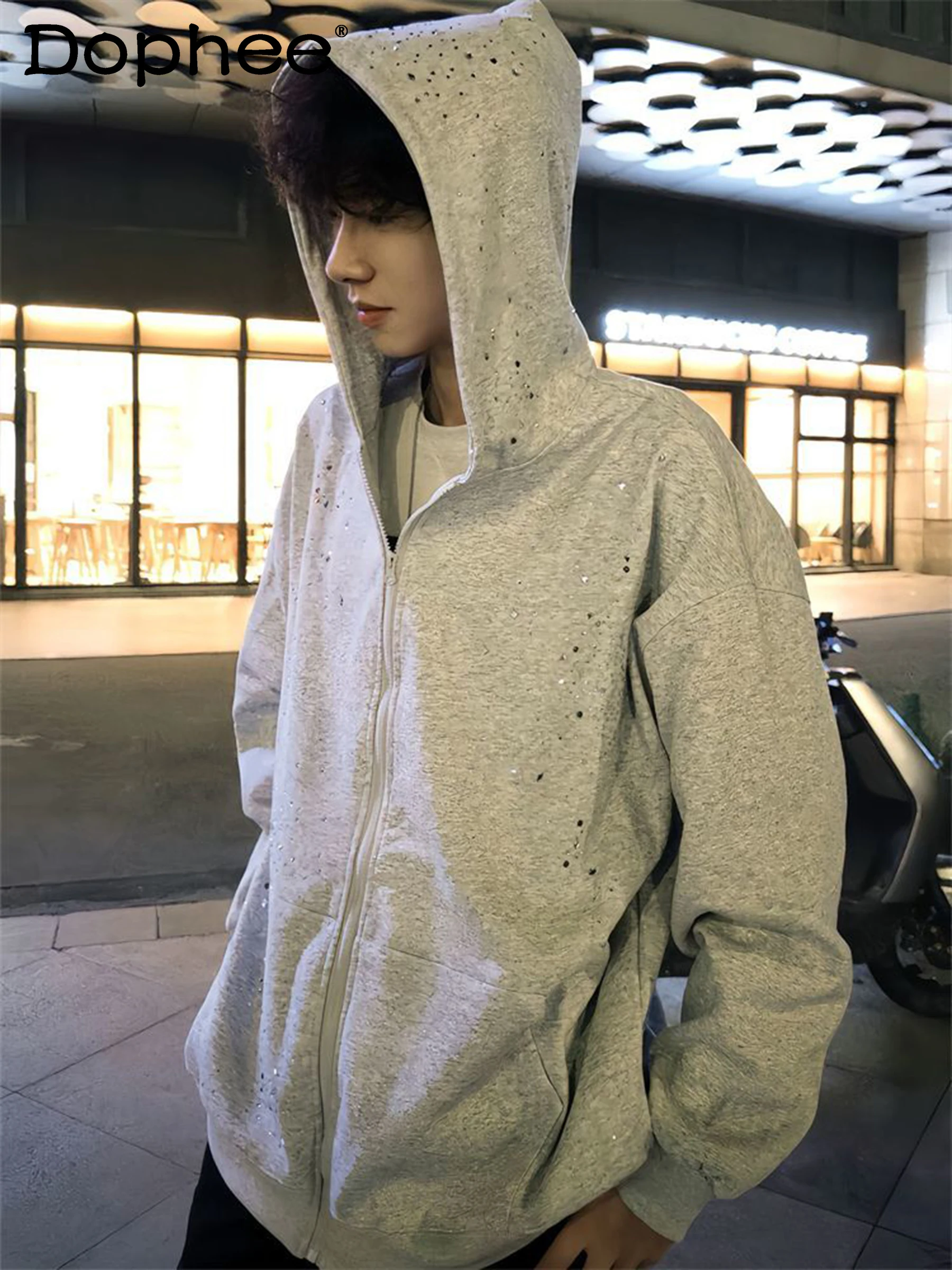 

American High Street Starry Sky Rhinestone Hooded Sweatshirt Men Autumn Winter Gray Heavy Craft Cardigan Zipper High-end Jacket