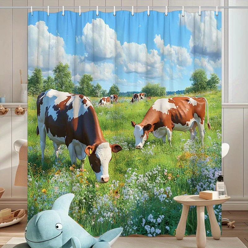 1pc Holstein Cows Meadow Shower Curtain - Brown & White Cows Grazing in Green Field with Flowers & Blue Sky Clouds Design