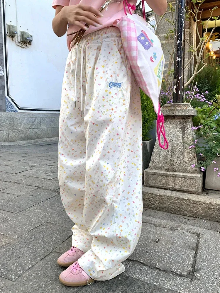 Korean Vintage Stars Print Letter Cargo Pants Women Fashion High Waist Wide Leg Trousers Casual Loose Preppy Style Female Pants