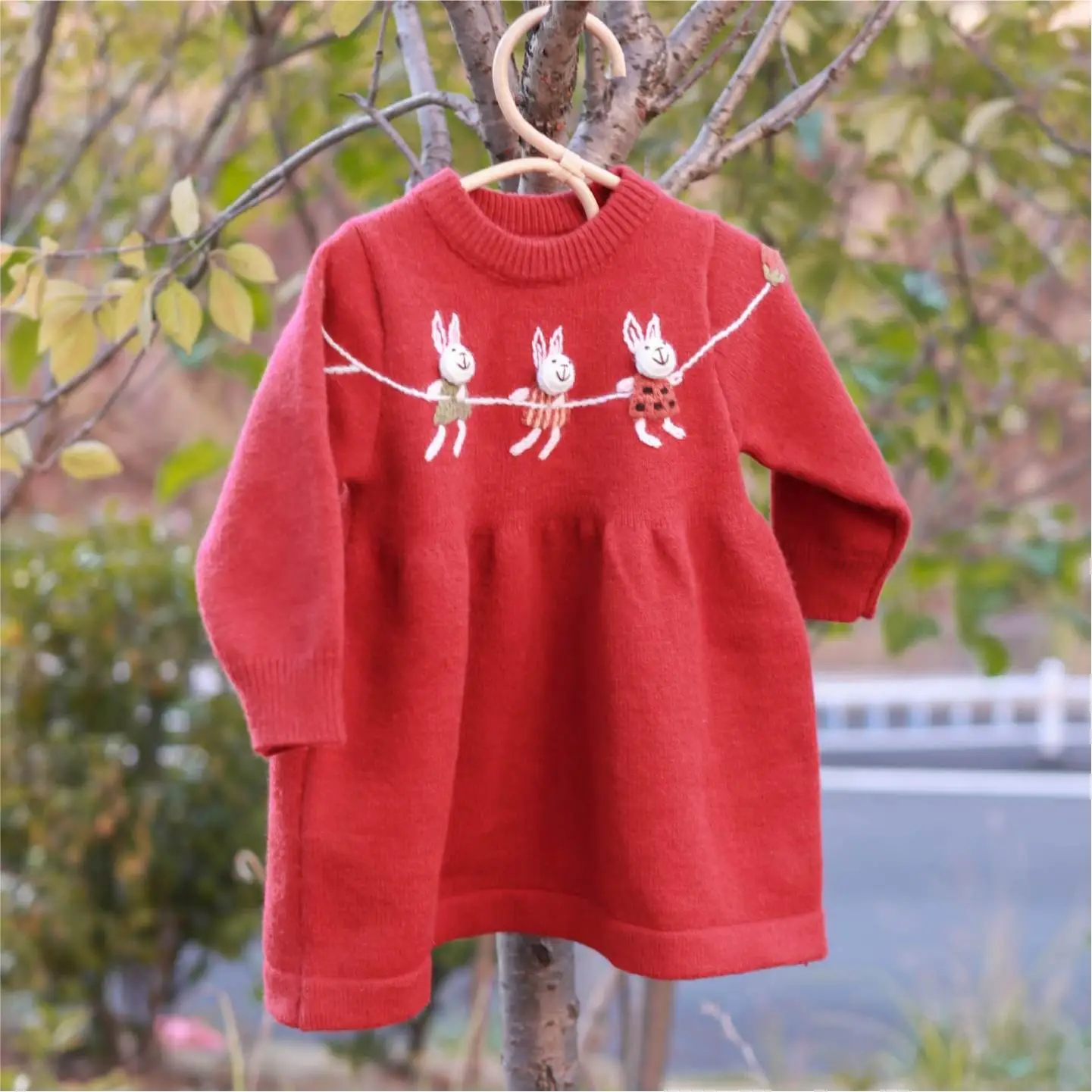Girls Cute Rabbit Knit Sweater Dress, Autumn Winter Ins Style Long Sleeve A-line Flared Hem Kids Base Dress for Little Girls