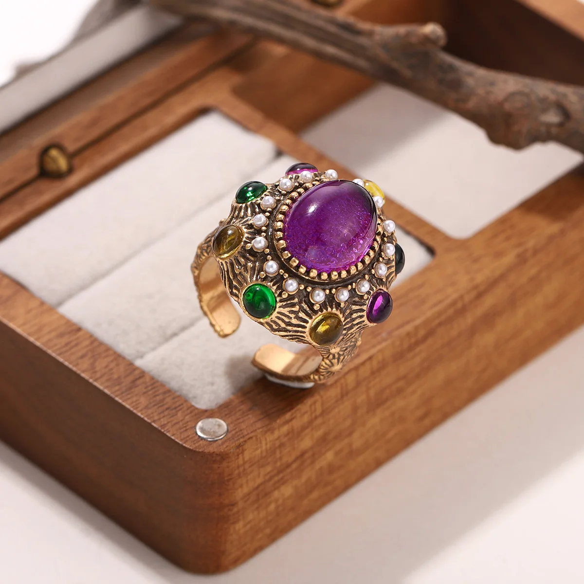 خاتم كريستال أرجواني بيضاوي اللون ذهبي عتيق للنساء خواتم مفتوحة مرصعة باللؤلؤ الباروكي مجوهرات الخطوبة #6