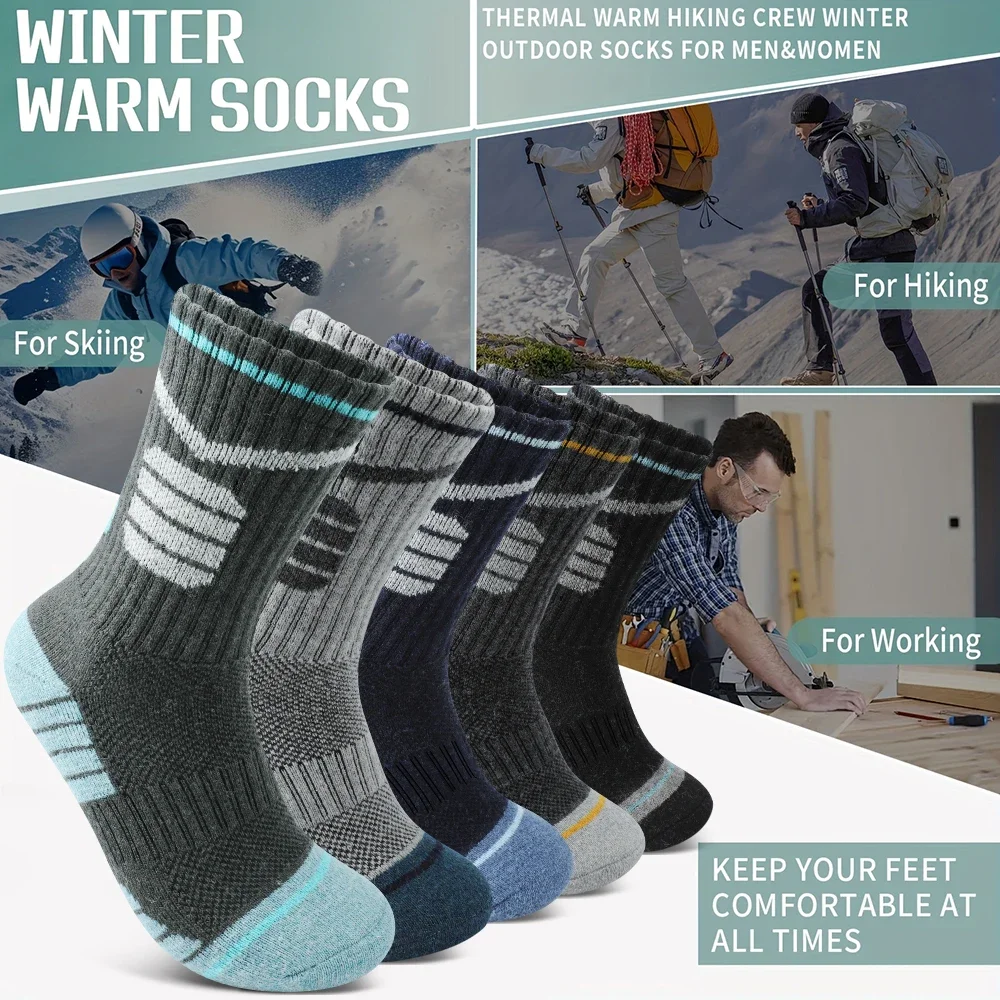 

5Pairs Vintage Striped Outdoor Thermal Socks Cushioned Anti-wear Mid Calf Athletic Trekking Casual Work Sock for Cold Weather