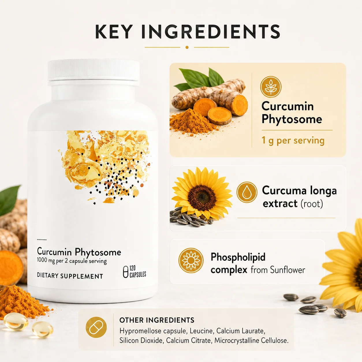 Curcumin Phospholipid Complex 1000mg Turmeric Root Extract Sunflower Phospholipids Daily Wellness Support Adults 120 Capsules