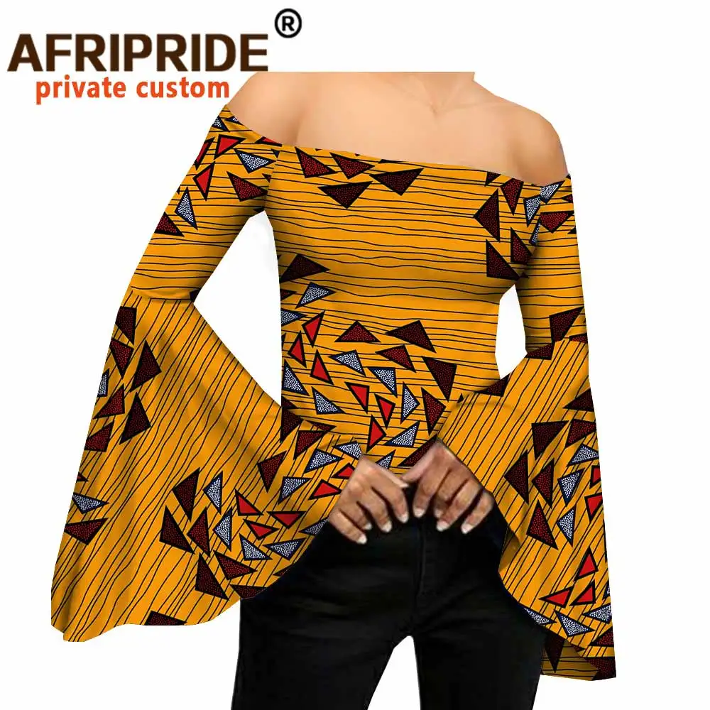 2024 Spring African Casual Shirt for Women AFRIPRIDE Tailor Made Full Flare Sleeves Slash Neck Women Batik Cotton Shirt A1822005