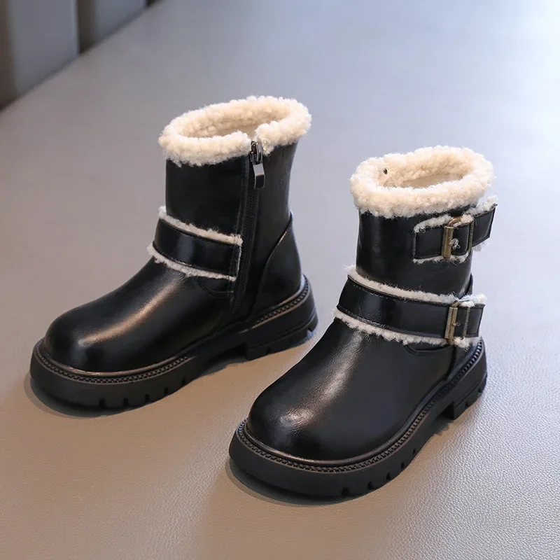 2024 New Girls Black Winter Boots for Children Thick Bottom Simple New Kids' Fashion Ankle Cotton Boots Trend Classic Zipper