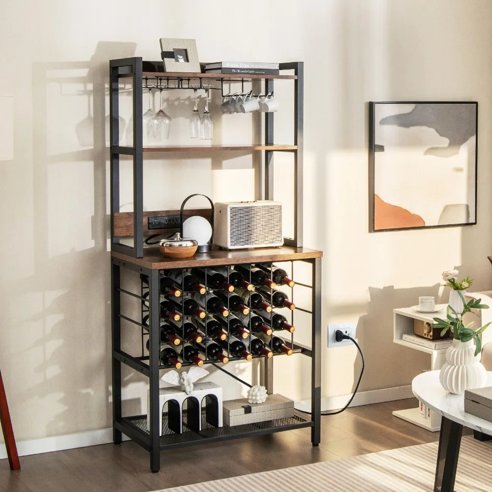 

Industrial Wine Bar Cabinet w/Power Outlets, Wine Glass & Cup Holder for Kitchen
