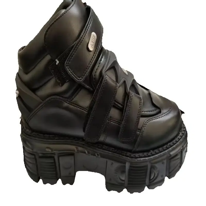Genuine Leather Men Retro Street Shooting Tank Bottom Dark Punk Muffin Bottom Small Leather Metal High-Top Platform Shoes Women