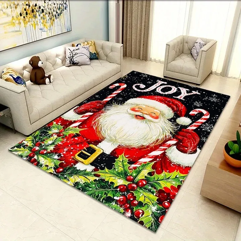 Christmas Joy Santa Claus Printed Area Rug - Polyester Plush Holiday Decor Carpet for Entryway, Living Room, Bedroom - Durable