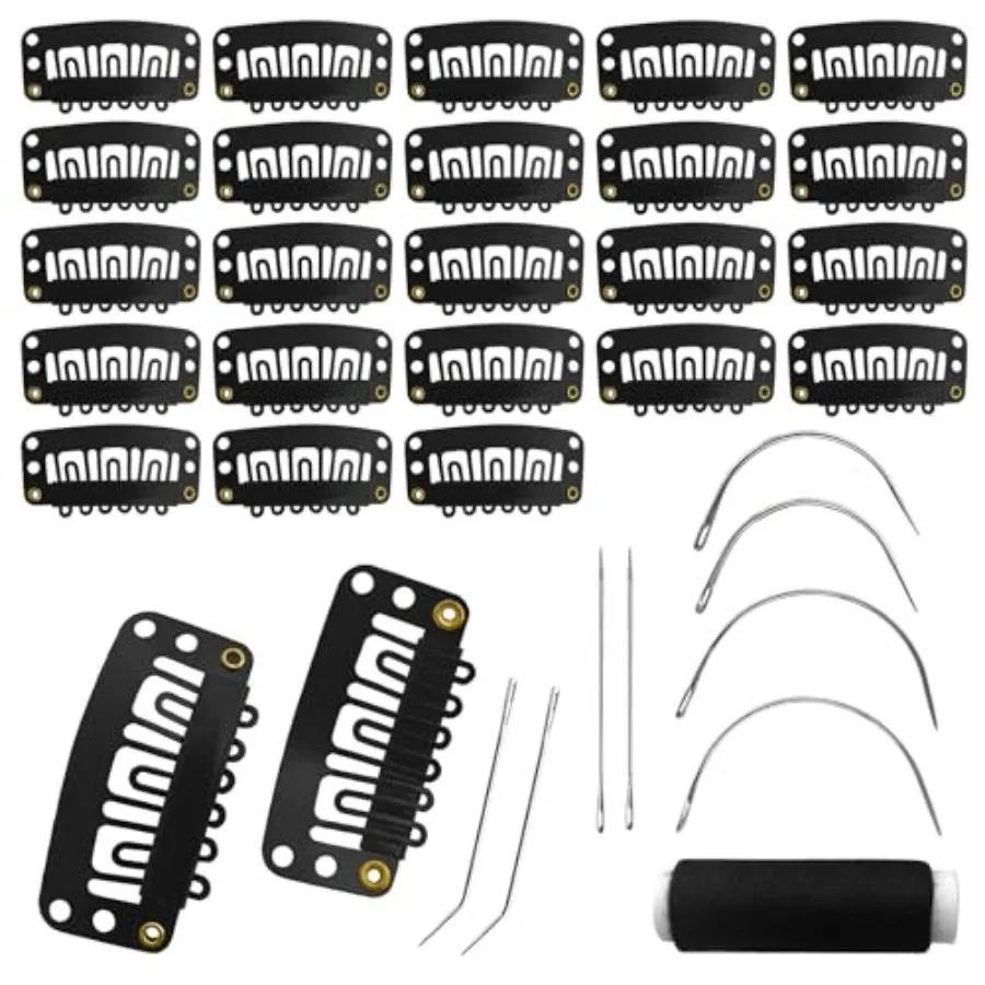 25Pcs 32mm Hairpieces Snap Clips U Shape Wig Clips for Hair Extensions Making Wig Accessories Set Tools Black