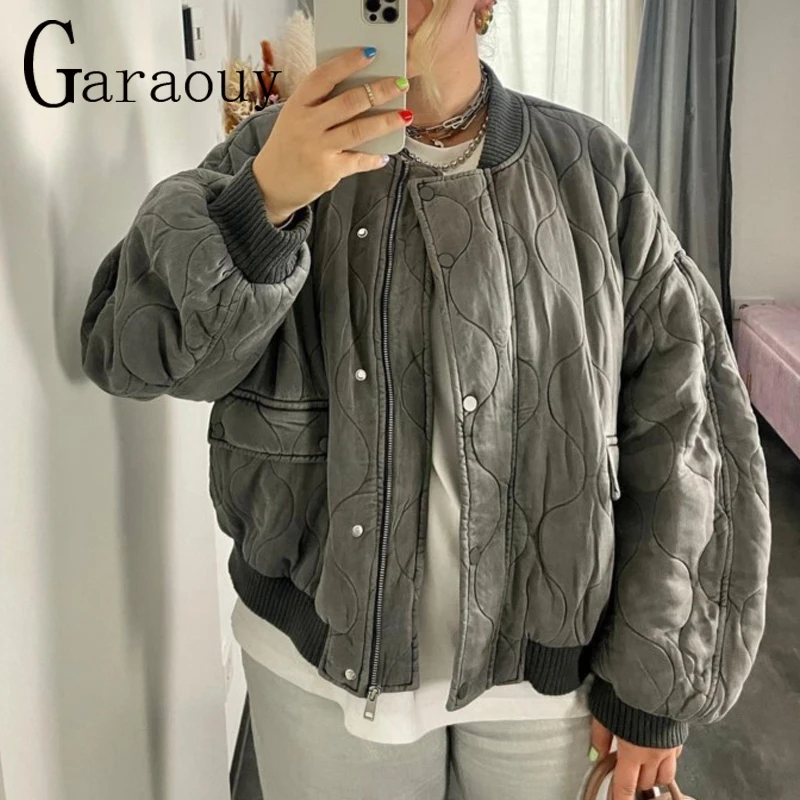 Garaouy 2023 Autumn Winter Women Distress Oversized Bomber Jacket Warm Cotton Coat Female Casual Rhombic Lattice Parka Outwear