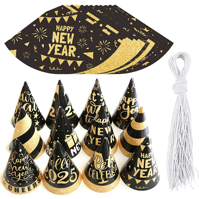 6pcs 3D Black Gold Happy New Year Paper Hat Cute 2025 New Year Paper Hat Frame Photo Props Party Decoration Holiday Gift