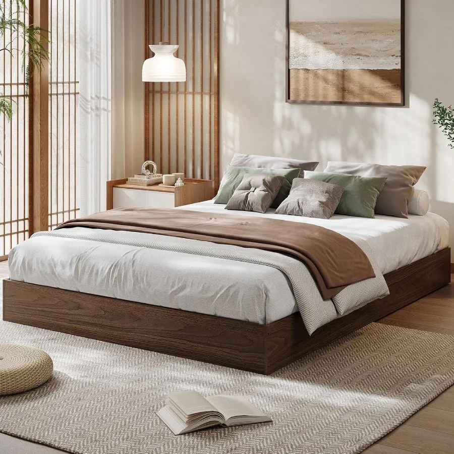 Wood Platform Bed Frame for Modern Bedrooms, Natural Wood Finish, Sleek Low-Profile Design Without Headboard