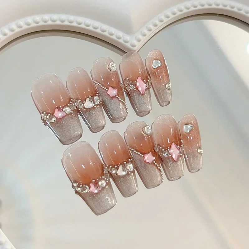 10Pcs Pink Handmade Press on Nails Rhinestone Full Cover Bow Tie Cat Eye Blush False Nails Ballerina Wearable Manicure Nail Tips