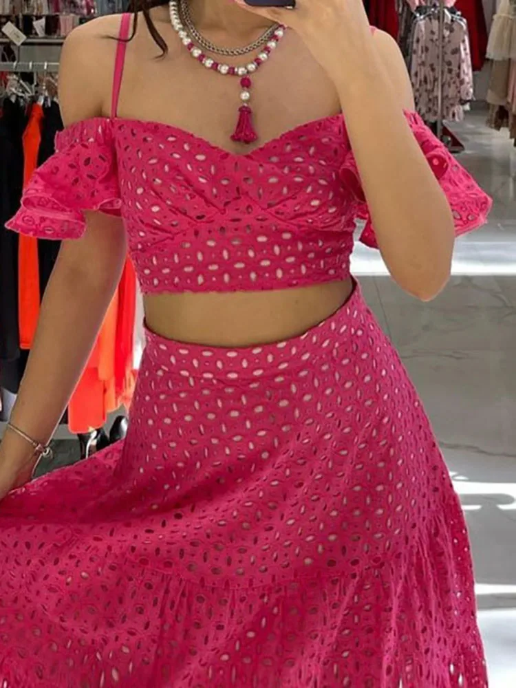 

Сексуальный укороченный топ с v-образным вырезом и короткими рукавами, женский элегантный костюм с высокой талией, однотонный комплект из 2 предметов, кружевная вышивка, полая длинная юбка, наряды