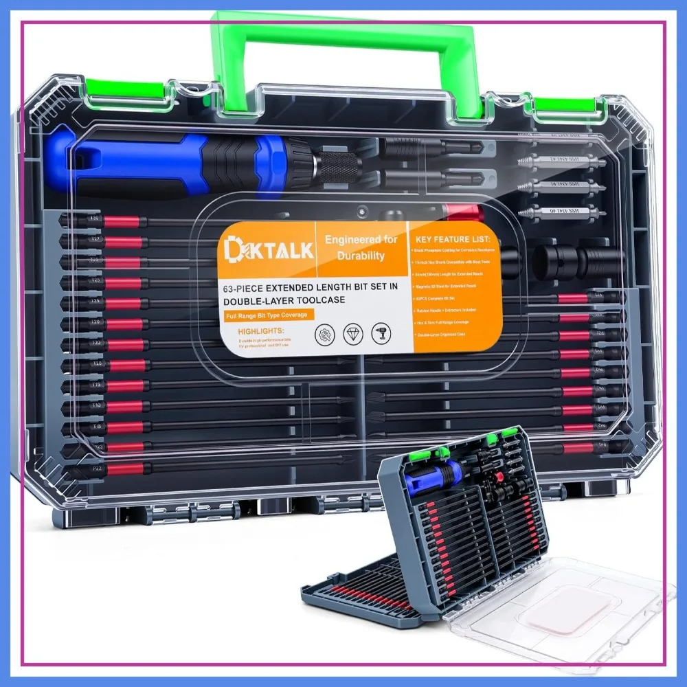 

63-Piece 6-Inch Long Screwdriver Bit Set, Impact-Ready Extended Reach Bits, S2 Steel, 1/4" Hex Shank, Torx/Phillips/Hex/Nut Driver, Magnetic, Organized Case for Drill