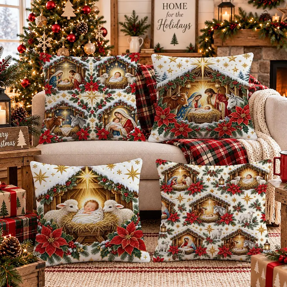 Christmas  Nativity Cushion Cover 1/4Pcs Soft Plush Throw Pillow Cover Double-Sided Print Sofa Living Room Decor