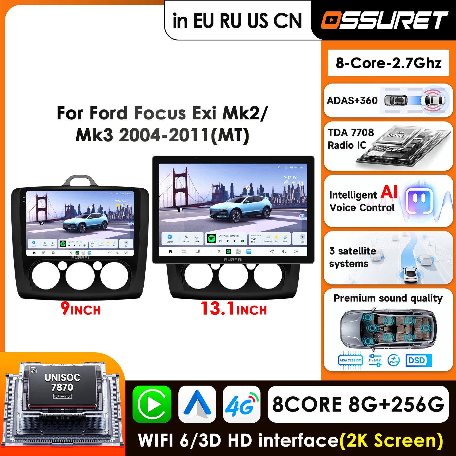 

9 Inch 2K Screen Car Radio for Ford Focus 3 Mk3 2004 - 2011 Manual Air condition Multimedia Video Player GPS DSP WIFI 3D Display