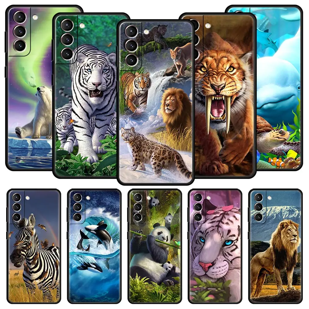

Forest Animal Lion Tiger Case For Samsung Galaxy S22 Ultra S21 S20 FE 5G S10 S9 S24 Plus S10E S23 Phone Cover Black