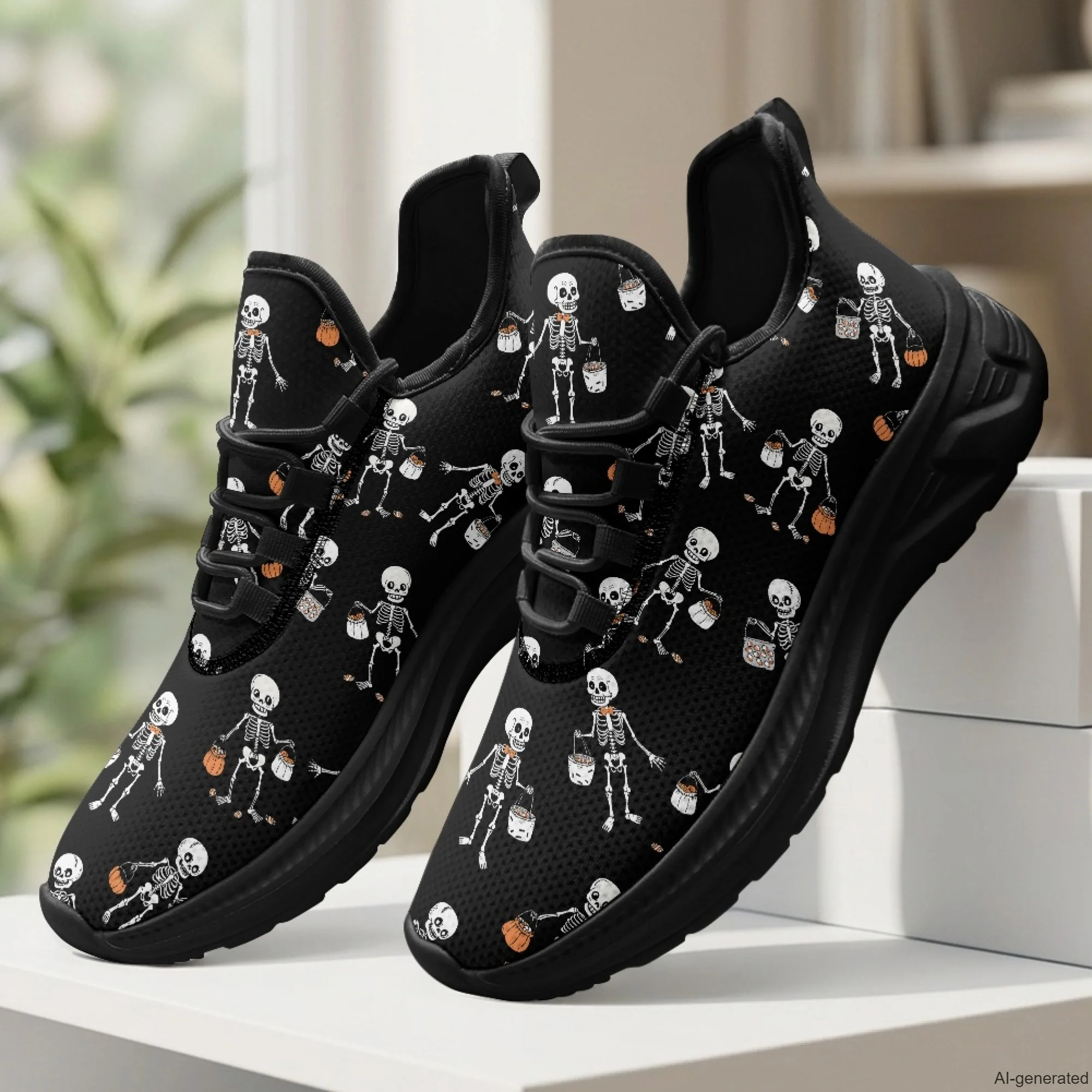 XIXIRIMIDO Unisex Gothic Style Vintage Skull Print Casual Mesh Shoes Lace-up Round-toe Nurse Shoes Halloween Shoes Woman 35-48