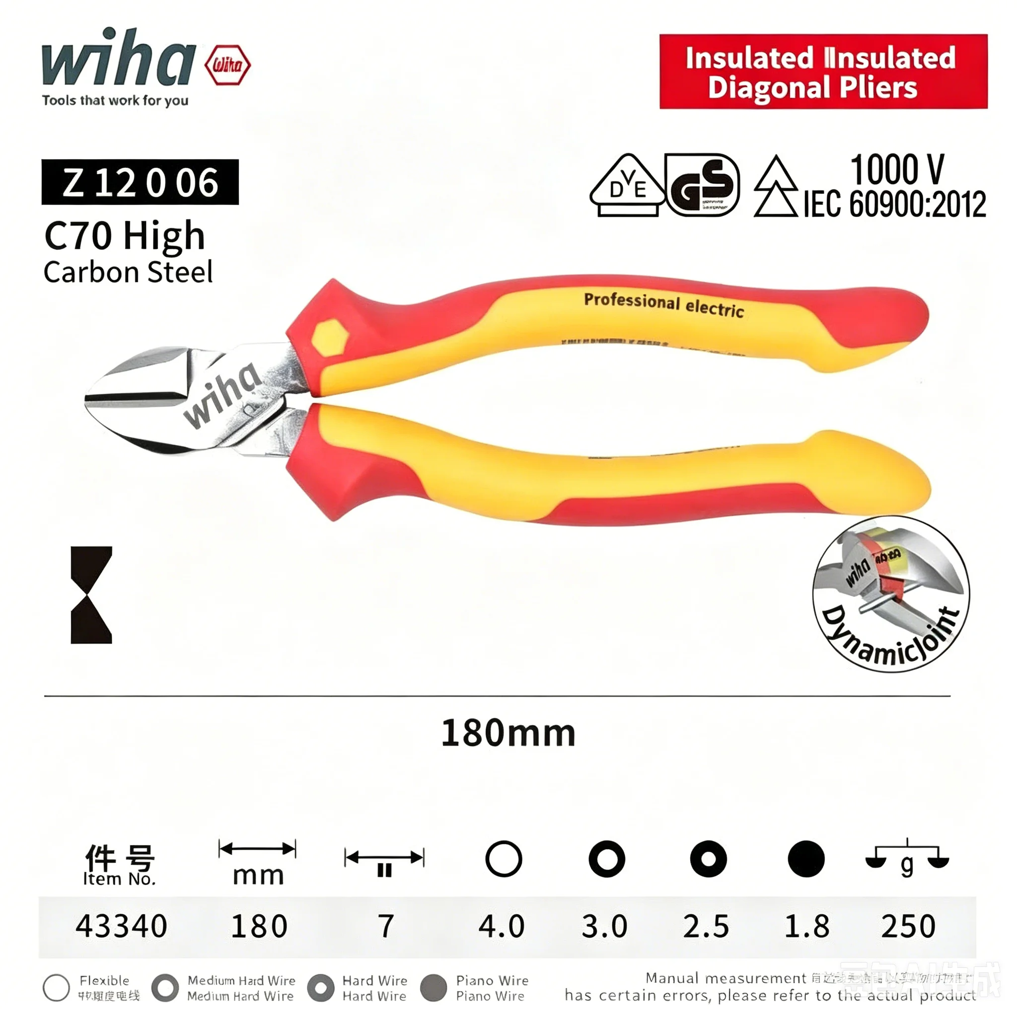 Wiha 43335 Diagonal Cutters 160mm 1000V VDE Insulated DynamicJoint for Electrician Professional Repair