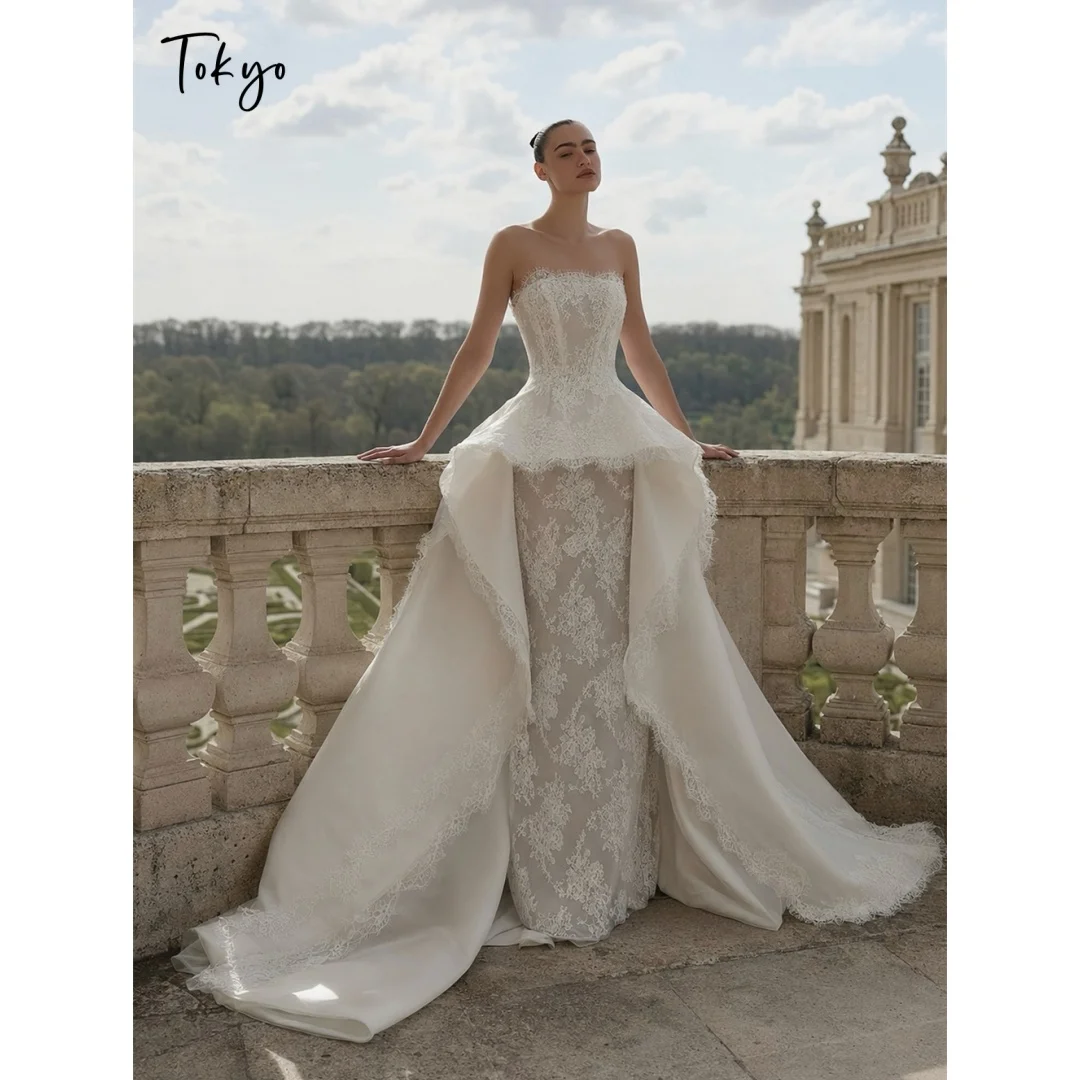 Tokyo Custom Strapless Lace Wedding Dress Ruffled Overlay Mermaid Bridal Gown Sweep Train Formal Evening Wedding Attire