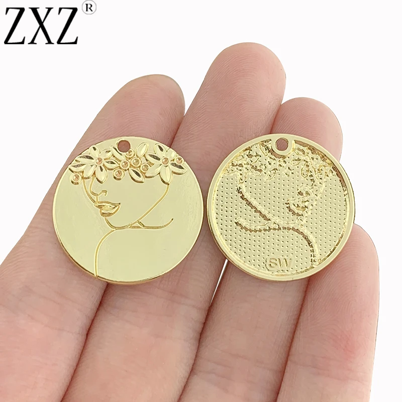 

ZXZ 10pcs Gold Tone Carved Woman Avatar Flower Round Charms Pendants for Necklace Bracelet Earring Jewelry Making Findings 25mm