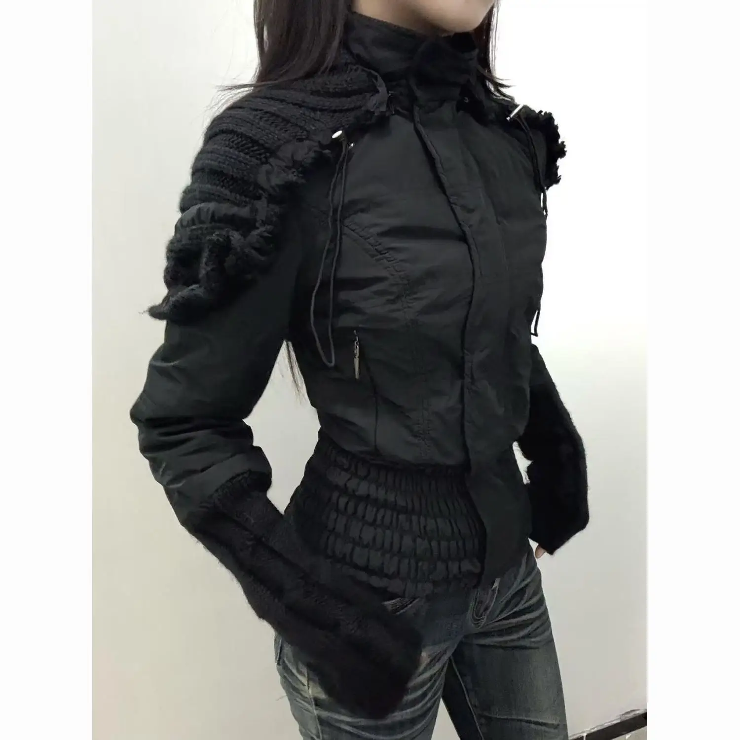 American Retro Stand-up Collar Pleated Zipper Tooling Turtleneck Jacket Versatile Slim-fitting Waist Jacket Spice Girl Top