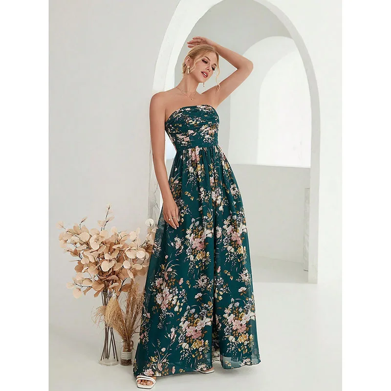 カジュアルな休日の花柄プリント、女性用ラウンドネックシルクイブニングガウン、ミッドウエストストレートフィット、ファッショナブルなパーティウェア