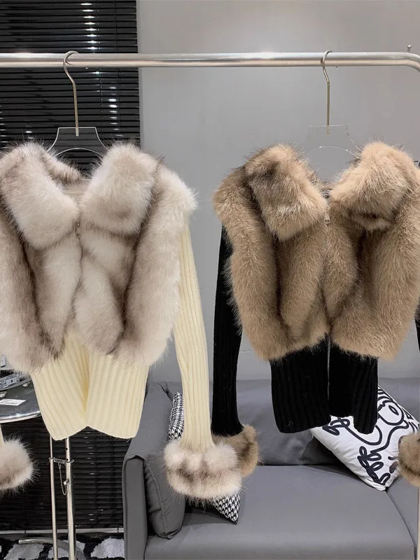 

Slim Fit ort Knitted Mink Coat with Stand Collar Fake Two-Piece Design for Women Commute Sle Korean Faion Warmth Heating