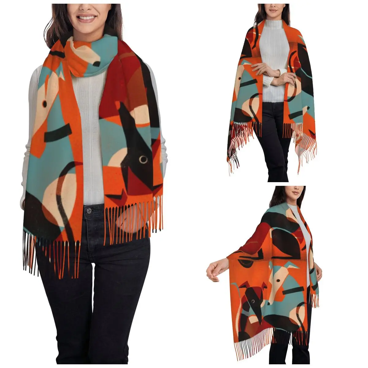 Womens Scarf with Tassel Greyhound Pair Long Soft Warm Shawl and Wrap Whippet Lurcher Dog Reversible Pashmina Scarves