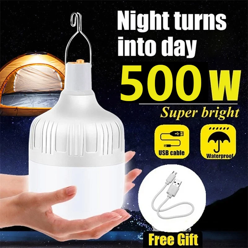 500w portatile luci da campeggio per esterni lampada ricaricabile USB LED lampadina di emergenza gancio tende ad alta potenza lanterna luci notturne lampadina