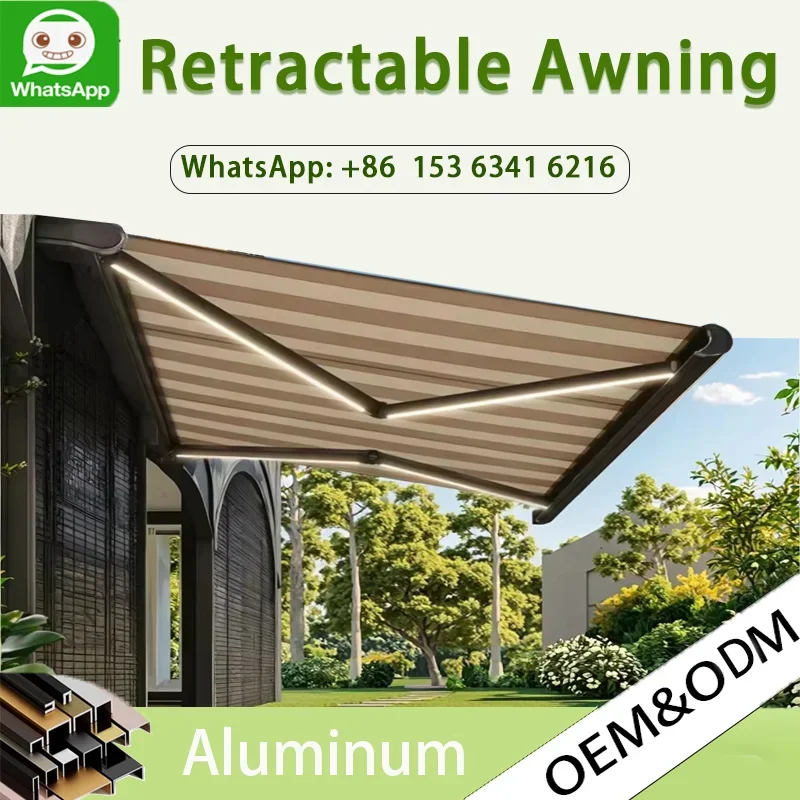 

Electric Full Box Awning Aluminum Frame Tarpaulin Retractable Canopy Roof with LED Lights Outdoor Patio Awning
