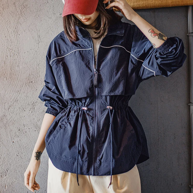 Maden Women's Lightweight Stand Collar Short Windbreaker Jacket Navy Blue Contrast Parka with Waist Cinching for Spring and Fall
