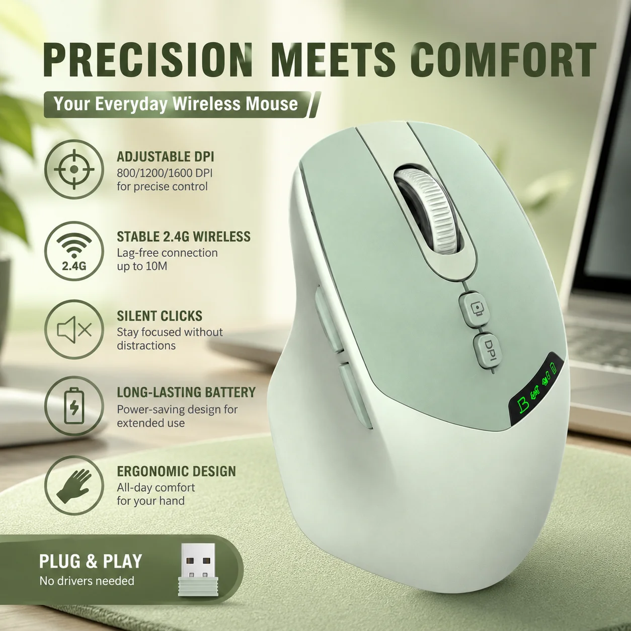 2.4G Bluetooth Dual-Mode Wireless Rechargeable Mouse 7-Buttons 2000DPI Adjustable Slient Ergonomic Design Mouse For PC Computer