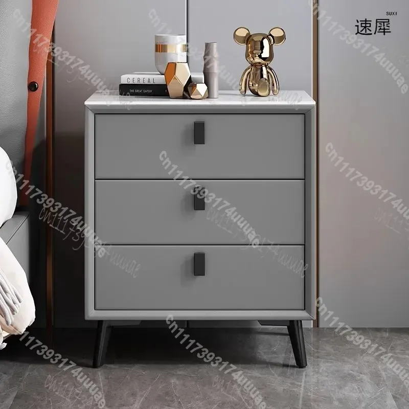 Modern Solid Wood Nightstand with 3 Drawers Leather Accent Sintered Stone Top Bedside Table Side Storage Cabinet for Bedroom