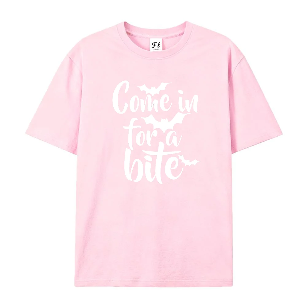 Female T Shirt Come In For A Bite Halloween Letter Bat Print Short Sleeve Cotton Oversized Casual Loose Tee Tops Clothing