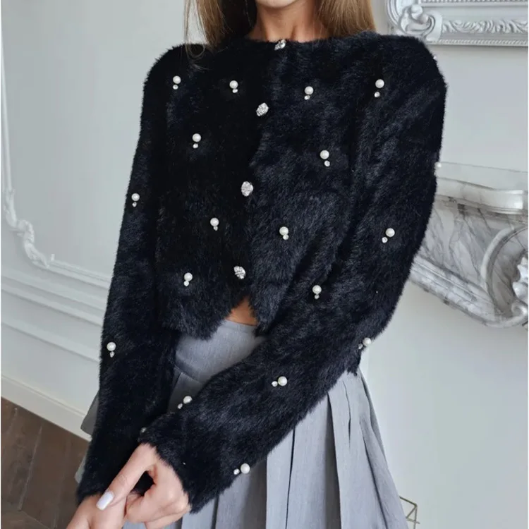 Women Knit Round Neck Sweaters Single Breasted Solid Long Sleeve Jumpers Casual Spliced Pearls Sweater Elegant Lady Autumn 2026
