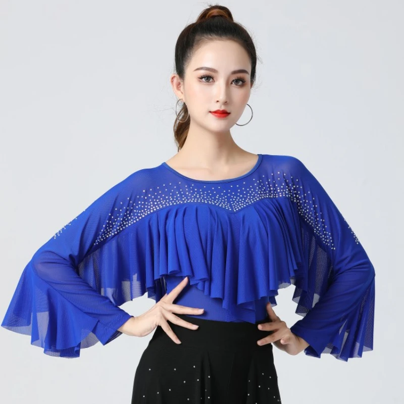 

Modern dance top Latin dance practice suit Waltz national standard dance long sleeved ruffle edge fringe top