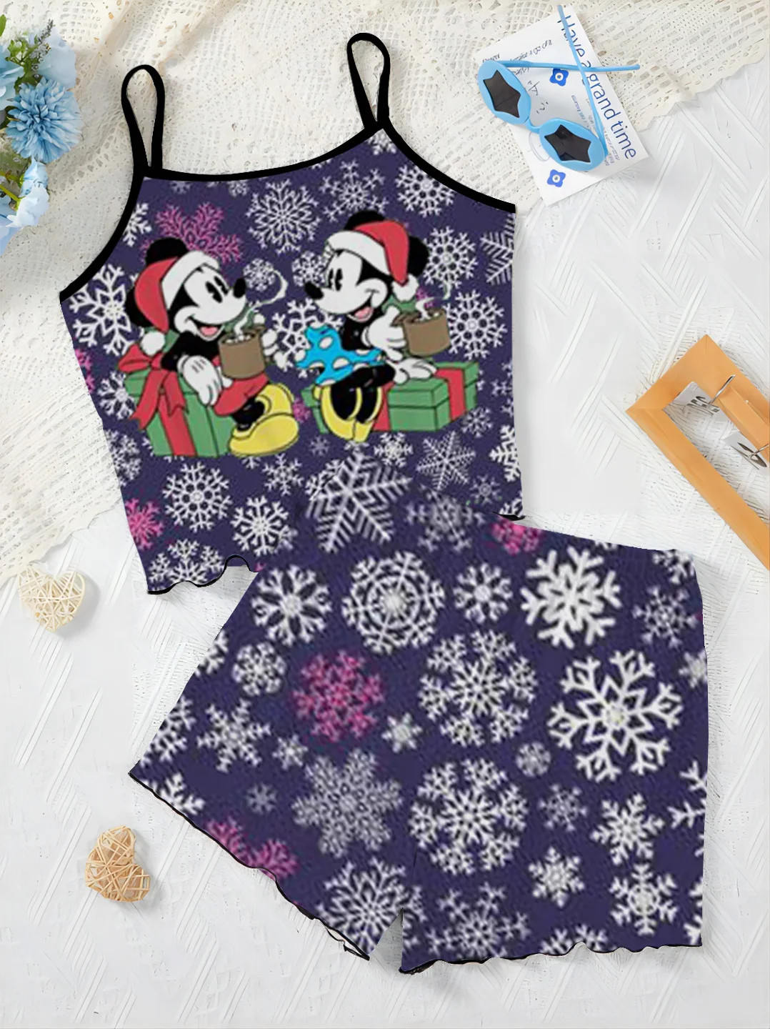 Pajama Skirt Elegant Women's Sets Home Dress Lettuce Trim Disney Top Mickey Minnie Mouse T-shirt Christmas Pieces Short Suit Top