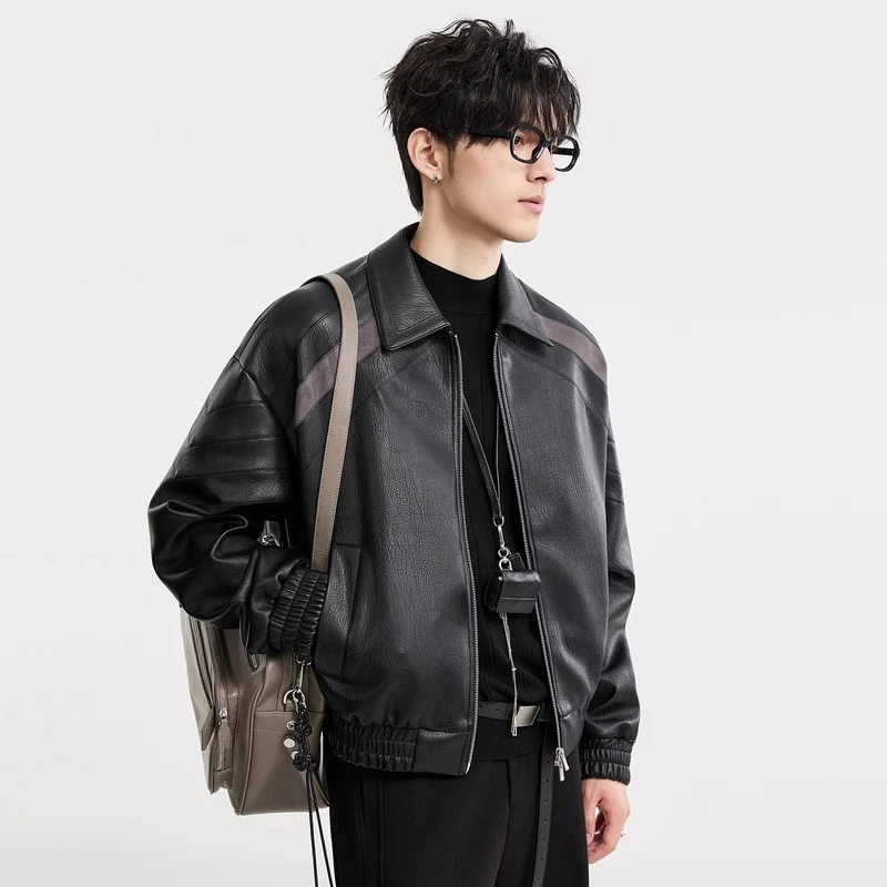 

Autumn New Men's Jacket, Fashionable Trend Splicing Color Blocking PU Leather Jacket Short Lapel Jacket