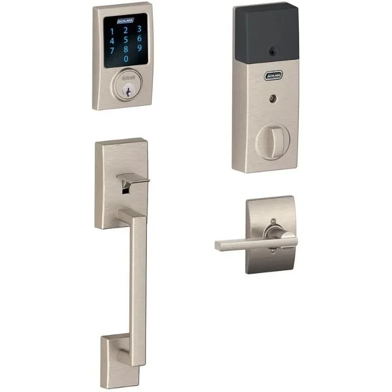 SCHLAGE Connect Century Touchscreen Deadbolt with Built-In Alarm and Handleset Grip with Latitude Lever, Satin Nickel